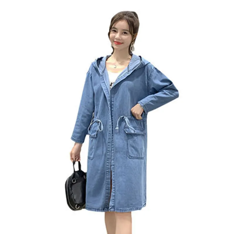 

New Fashion Spring Autumn Denim Trench Coat Women Slim Belt Jean Windbreaker Plus Size Casual Hooded Long Outwear A709