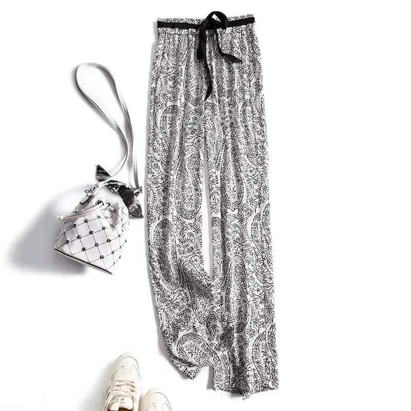 

Chiffon printed wide-leg women's pants 2022 new spring vintage fashion high waist draped loose straight casual pants for women