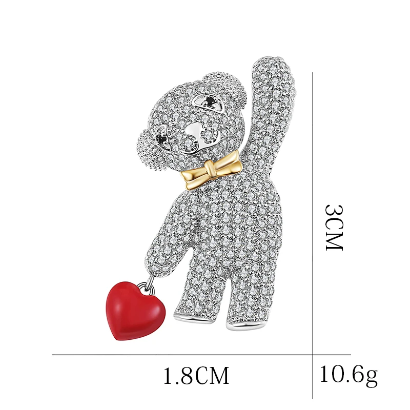 Lovely Bear Zircon Brooches for Women Sweet Teddy Holding Red Heart Enamel Pins Bow knot Brooch Vintage Animal Jewelry Broche