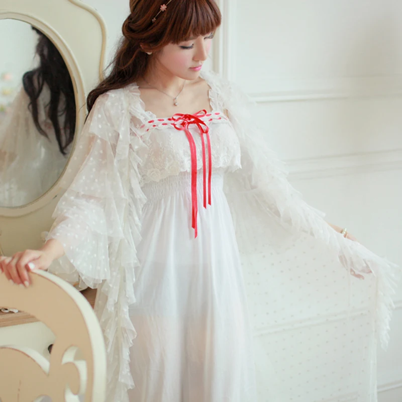 Nightdress Female Robe Sets Palace Princess Long Sleeping Dress Retro Sleepwear Two-Piece White Women Nightgowns White LuoSha