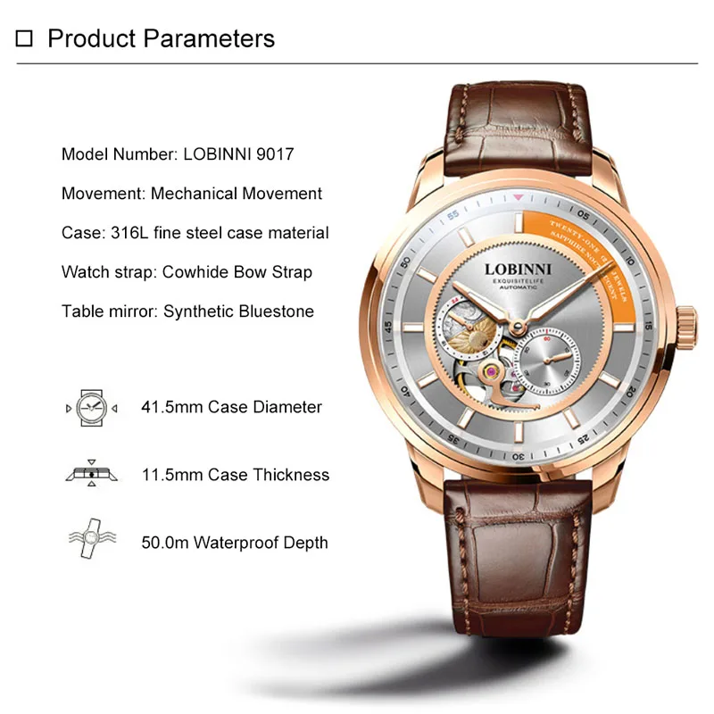 LOBINNI العلامة التجارية الفاخرة الرجال فستان ساعة الياقوت الزجاج مقاوم للماء الساعات التلقائي ساعة ميكانيكية ميوتا حركة على مدار الساعة
