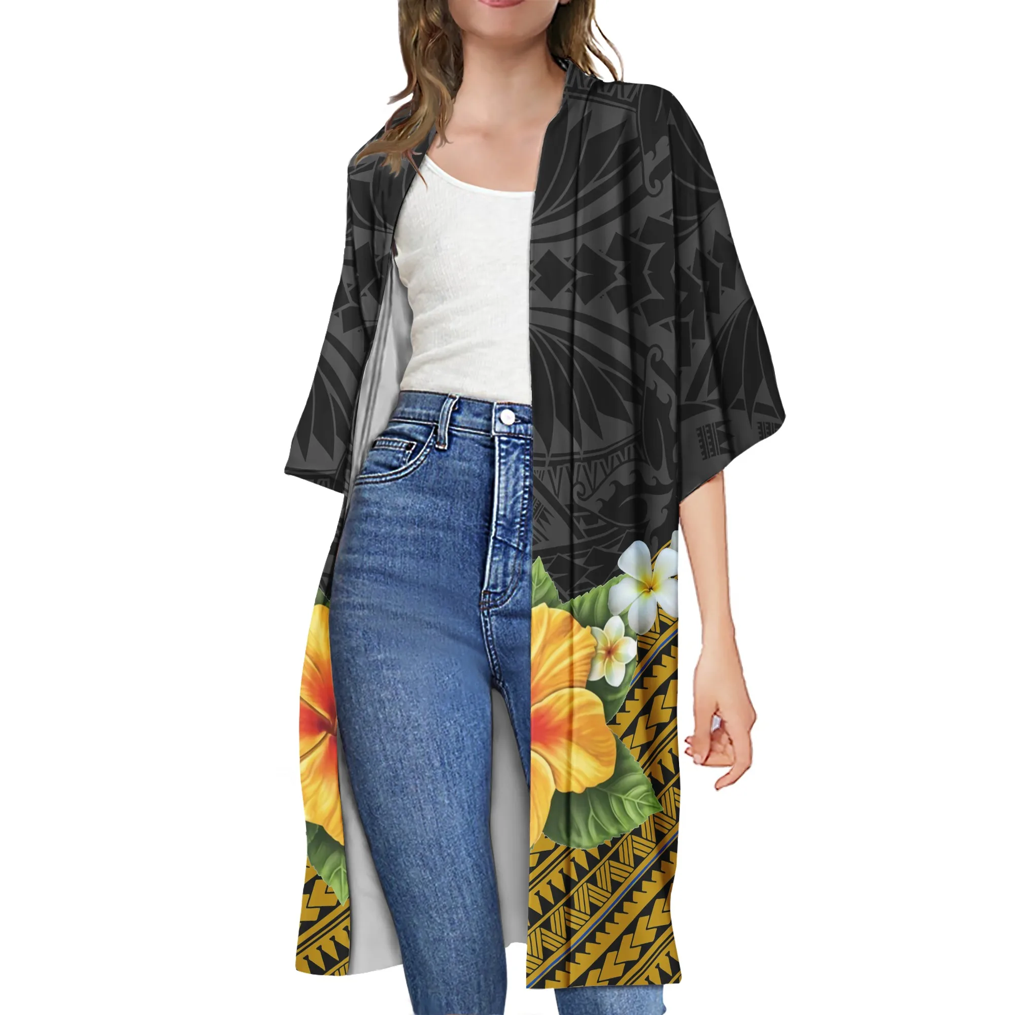 Summer Ladies Jacket Outdoor Sun Protection Kimono half sleeve Custom Girl luxury Kimono Cardigan POD Samoan Tribal Design Print