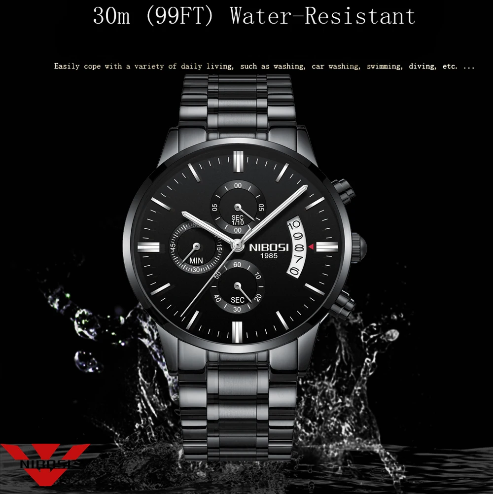 NIBOSI Stainless Steel Black Quartz Watch Mens Watches Top Brand Luxury Chronograph Wristwatches Male Relogio Masculino 2309