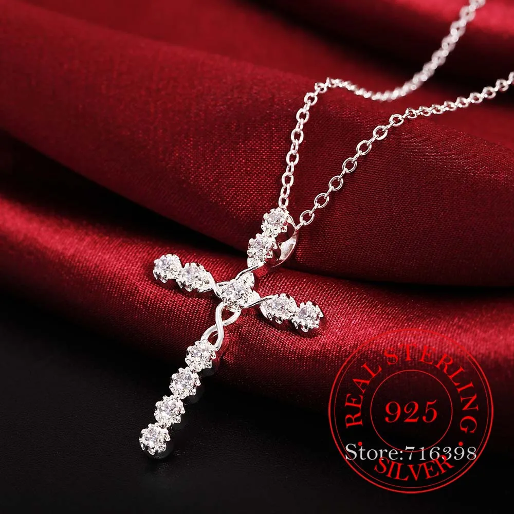 New Arrival Fashion Cross Necklace Accessories True 100% 925 Sterling Silver Crystal CZ Pendants Necklace for Women Fine Jewelry