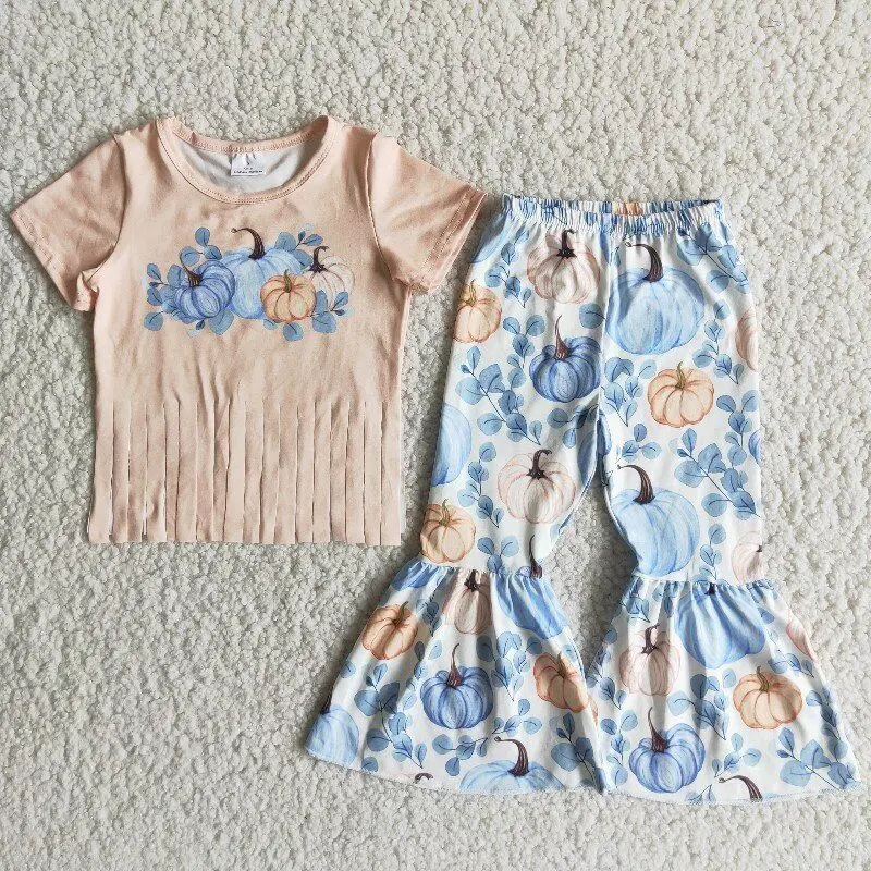 

kids clothes girls watercolor pumpkin pattern fringed short-sleeved shirt pumpkin print bell pants girls boutique clothing set