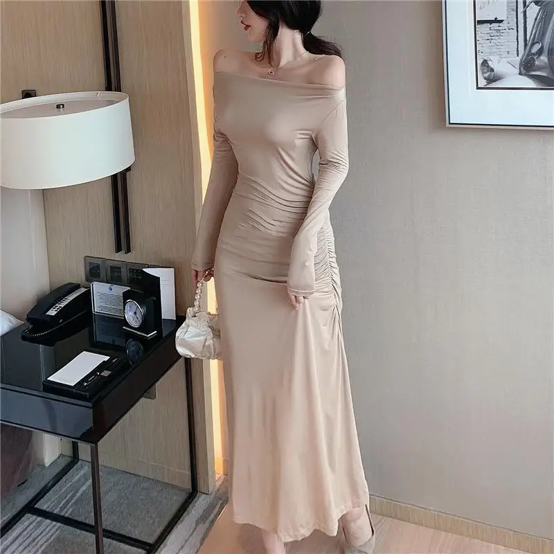 Off Shoulder Party Dresses Sexy Slash Neck Shirring Irregular Dress Spring Autumn Long Sleeve Bodycon Midi Dress Womens Clothing