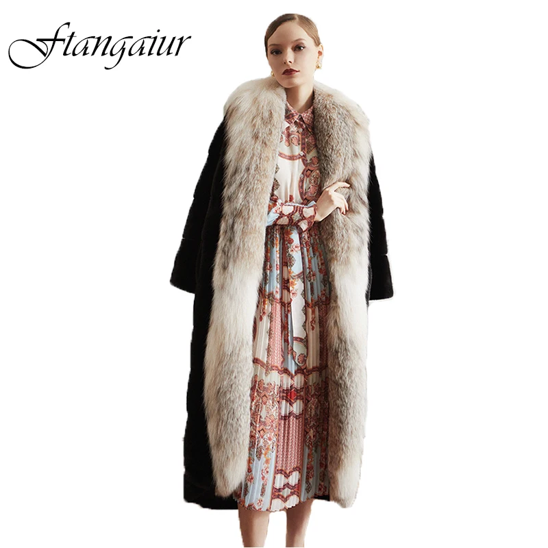 Ftangaiur Winter Import Velvet Mink Fur Jacket For Femal Bobcat With LYNX Fur Collar Luxury Coats Women's X-Long Real Fur Coats