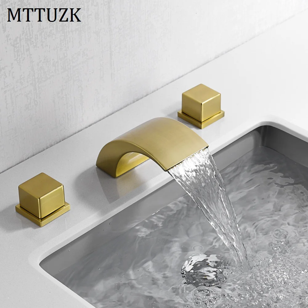 

MTTUZK Brass Deck Mounted Brushed Gold Waterfall Faucet Basin Faucet Brass Hot and Cold Water 3 Holes Washbasin Mixer Tap