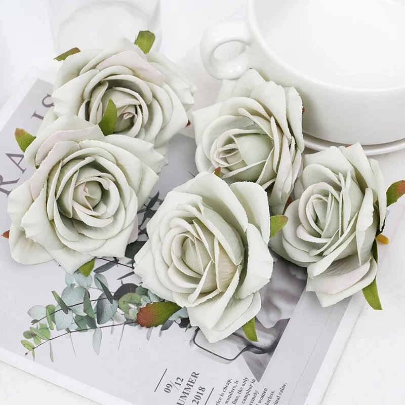 5pcs White Roses Silk Artificial Flowers Heads for Wedding Home Cake Birthday Party Decoration Fake Scrapbook Wreath Accessories