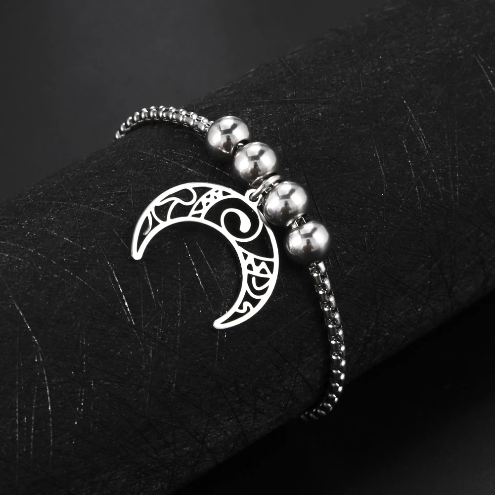 Unift Vintage Filigree Moon Beads Chain Bracelet Women Stainless Steel Bangle Wicca Punk Rune Witchcraft Jewelry Birthday Gift