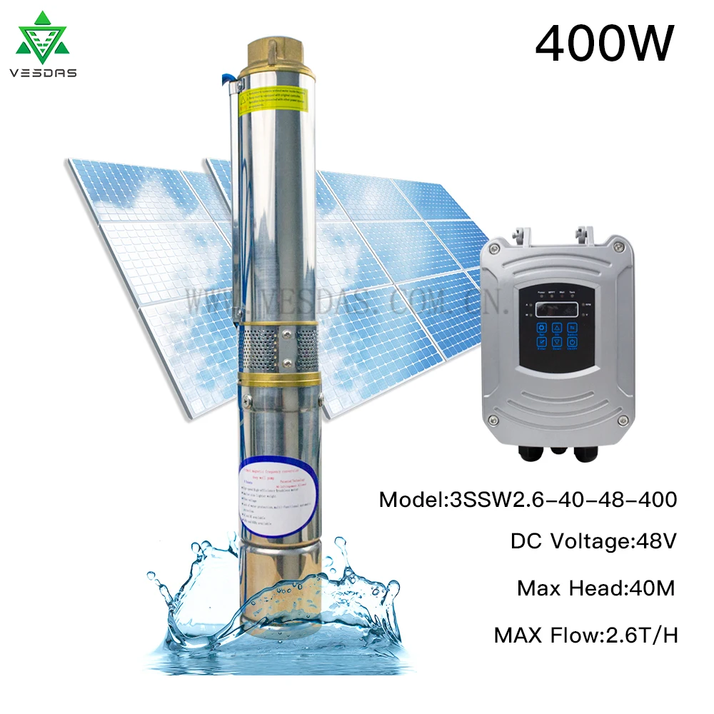 DC 48V 400W Solar Powered Deep Well Water Pump 2.6T/H 40M Brushless With Permanent Magnet Synchronous Motor With MPPT Controller