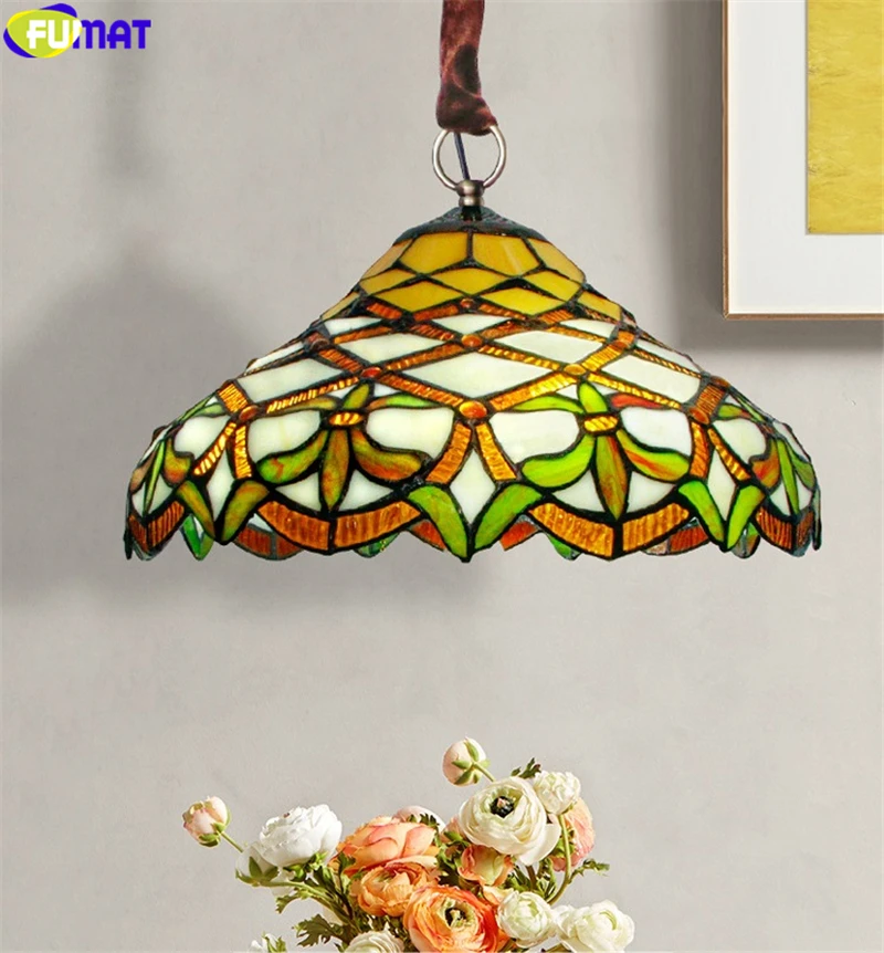 FUMAT Tiffany Style Pendant Lamp Stained Glass Reverse Chandelier Multicolor House Decor Handicraft Art Light Classical Nordic