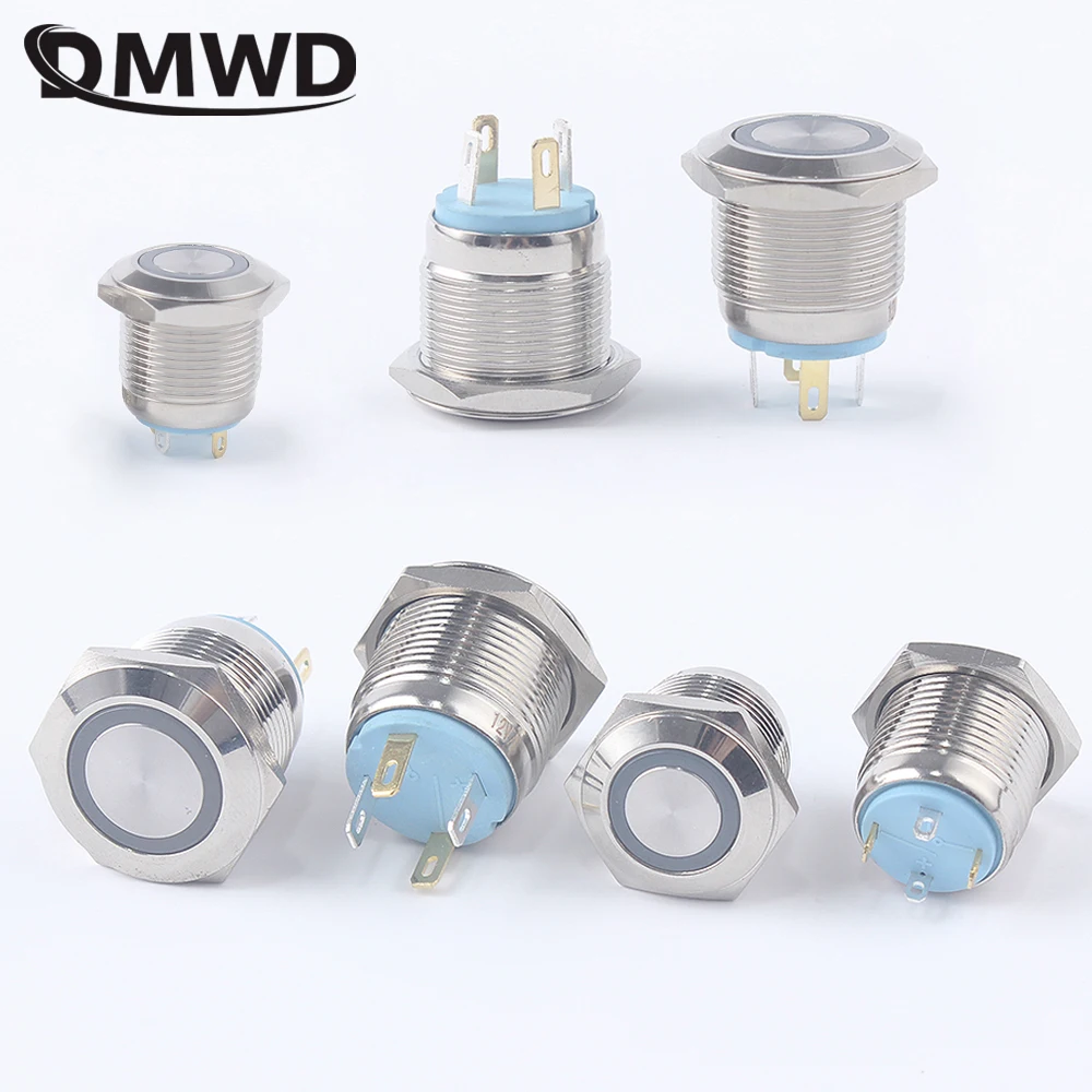 16mm 19mm Push Button Switches Ring Illumination Flat Switch Momentary LED Lamp 4 pins Metal Push Button 12V24V5V