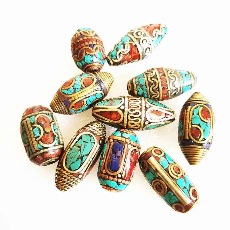 Mix 10PCS Nepal Handmade Beads Brass Inlaid Colorful Stone Big Long Beads Multi Figures NBB231