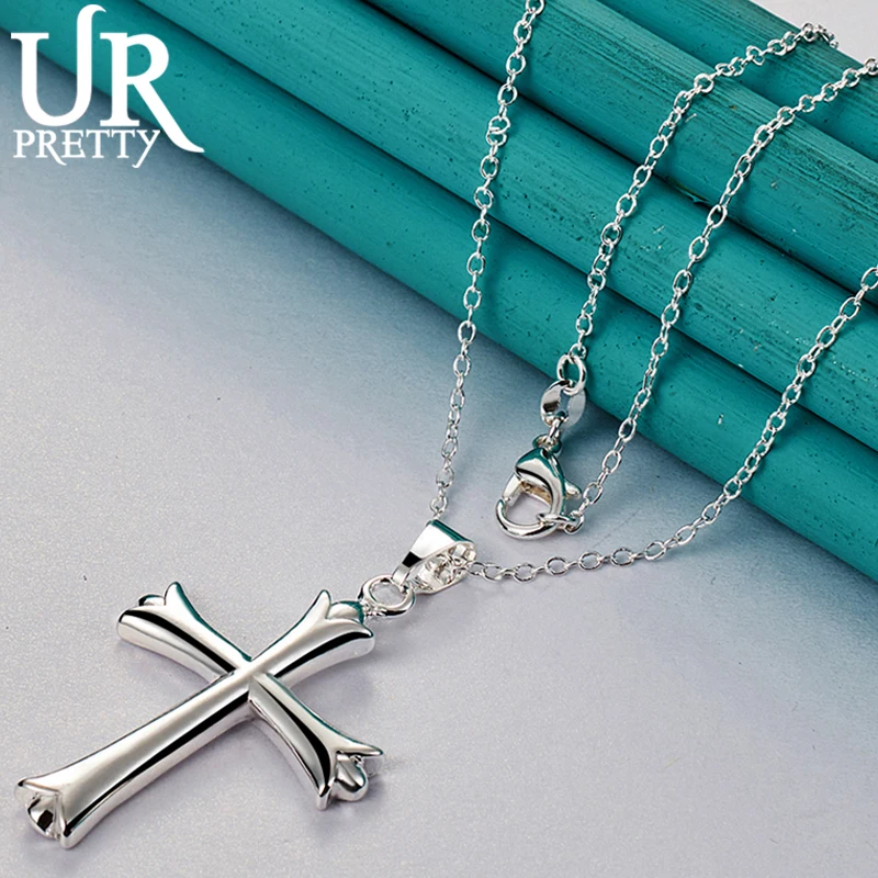 URPRETTY 925 Sterling Silver Cross Pendant Necklace 16/18/20/22/24/26/28/30 Inch Snake Chain For Woman Party Wedding Jewelry