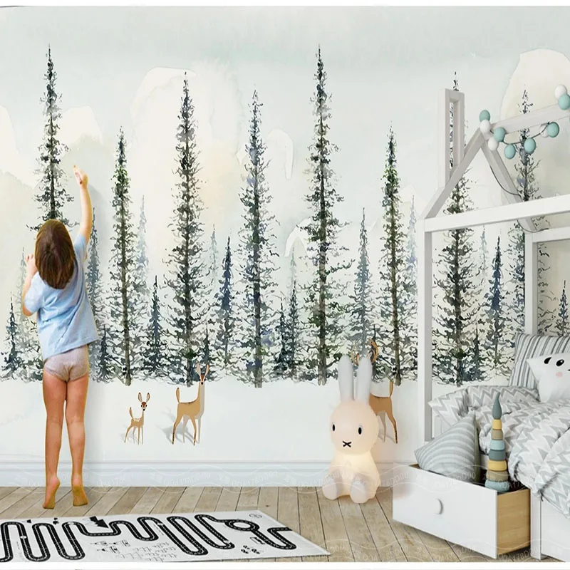 

3D Wallpaper Modern Cute Cartoon Simple Hand Painted Elk Pine Forest Landscape Children Self-Adhesive Waterproof Papel De Parede