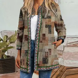 Chaqueta suelta con bolsillo étnico para mujer, abrigo antiencogimiento Vintage, ropa de otoño e invierno