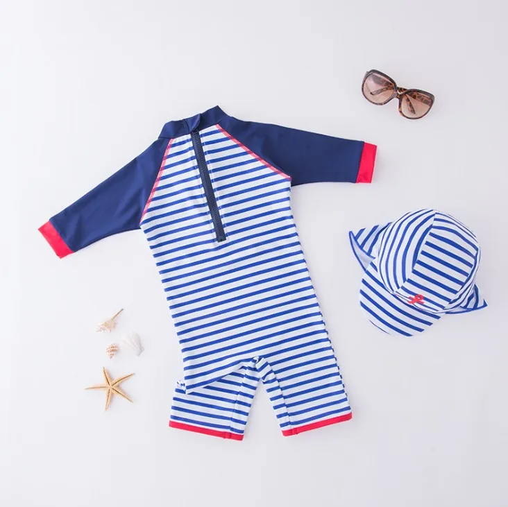 Lovely Blue and White Stripe Baby Boy Conjoined Swimwear with Swimming Cap/Beach Sunscreen Surfing Swimsuit 3182