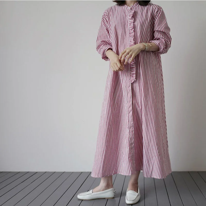 REALEFT – robe chemise longue à rayures pour femmes, à volants, manches longues, style coréen décontracté, ample, nouvelle collection printemps été 2022