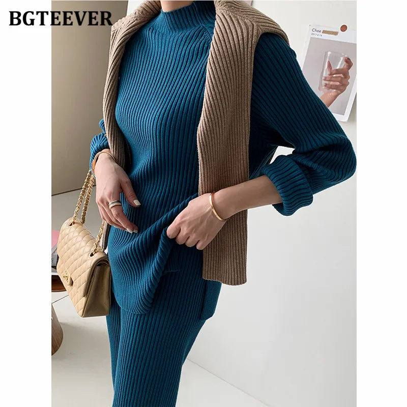 

BGTEEVER Chic Vintage Loose Women Sweater Set Long Sleeve Split Pullovers & Pants Autumn Winter Female 2 Pieces Knitted Set