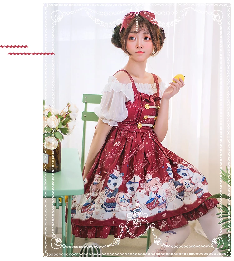 Japanische student süße lolita kleid retro falbala bowknot hohe taille niedlich druck viktorianischen kleid kawaii mädchen gothic lolita jsk