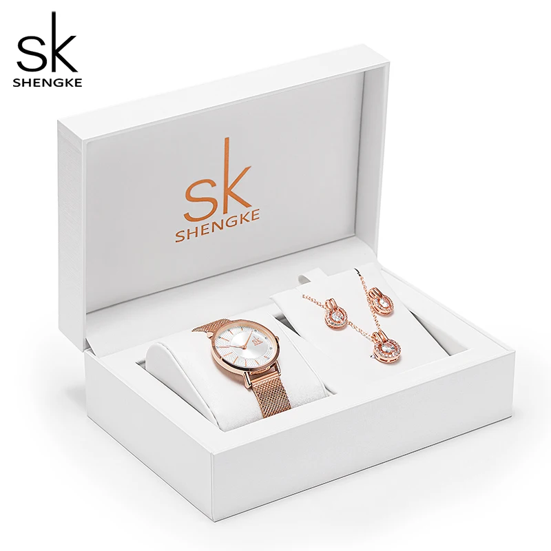 Shengke Women Watches Set With Gift Box Luxury Style With Necklace Earrings Rings Accessories Gift For Love With High Quality