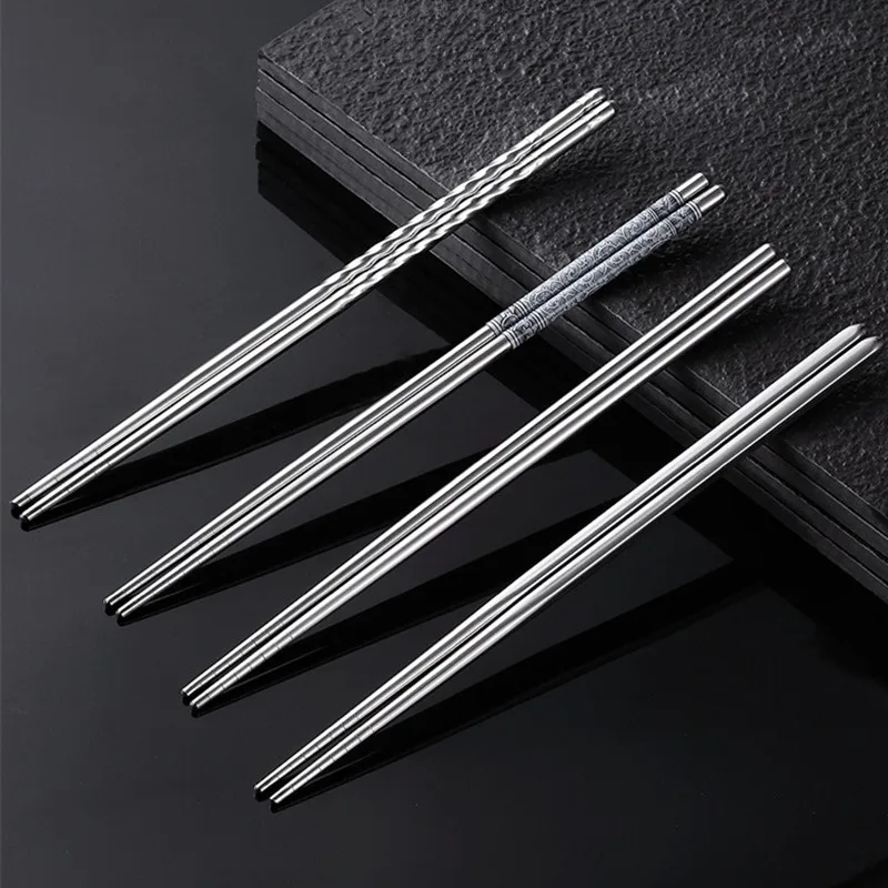 1Pair Stainless Steel Chinese Chopsticks Kitchen Tableware Non-slip Noodles Sushi Sticks Reusable Food Cooking Chopsticks