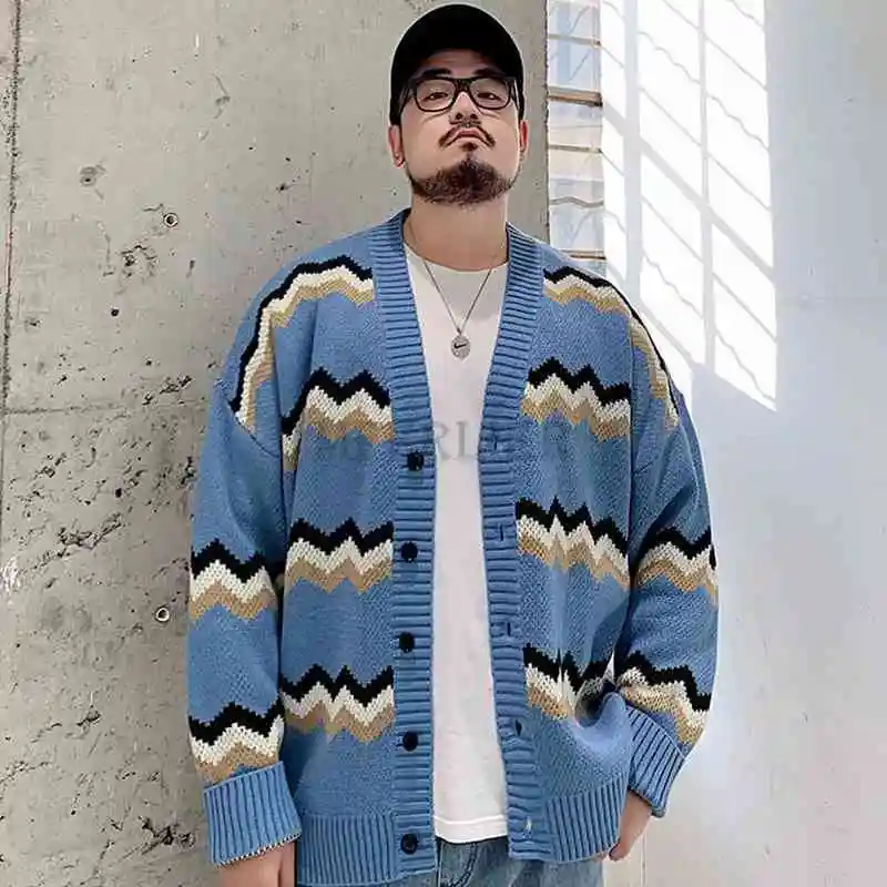 

high quality spring winter men cardigan sweater geometry large size 8XL korea style kintted sweater loose tees tops blue black