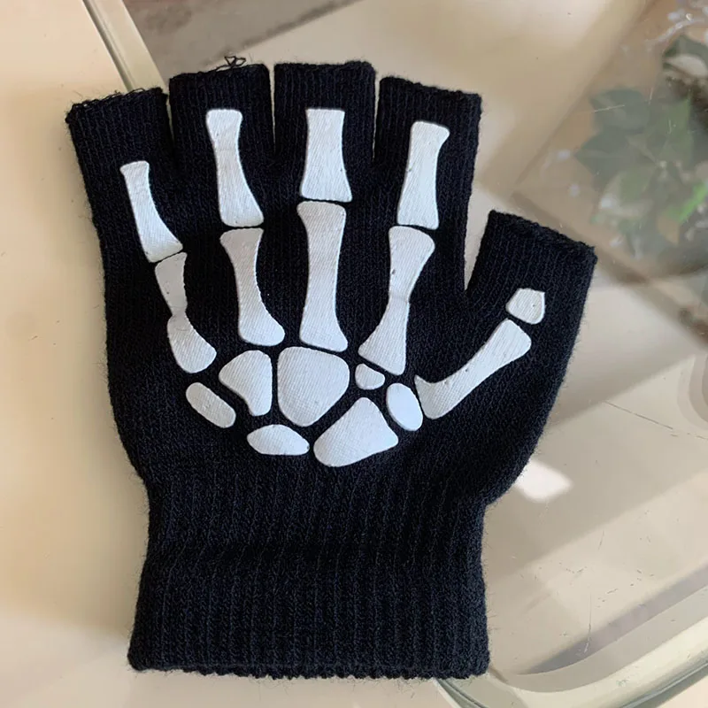 Black Goth Gloves Knitting for Adult Acrylic Half Finger Glove Human Skeleton Head Gripper Print Cycling Non-slip Wrist Gloves