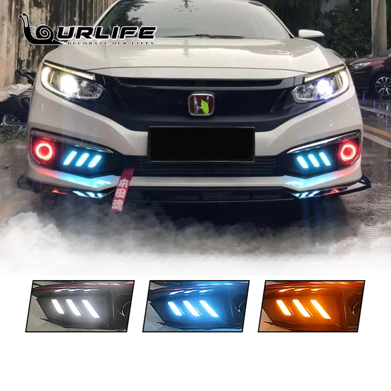 2Pcs LED  Running Light Daylight Yellow Turn Signal Styling Fog Lamp Fit For 2019 2020 Civic FC1 10th CarLight Accessories