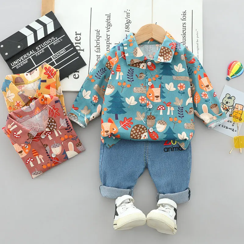 

New Autumn Spring Kids Boy Fashion Cartoon Clothing Kid Suits Printe Animals Shirt Pants 2pcs/Set Children Clothes Set 0-5 Years