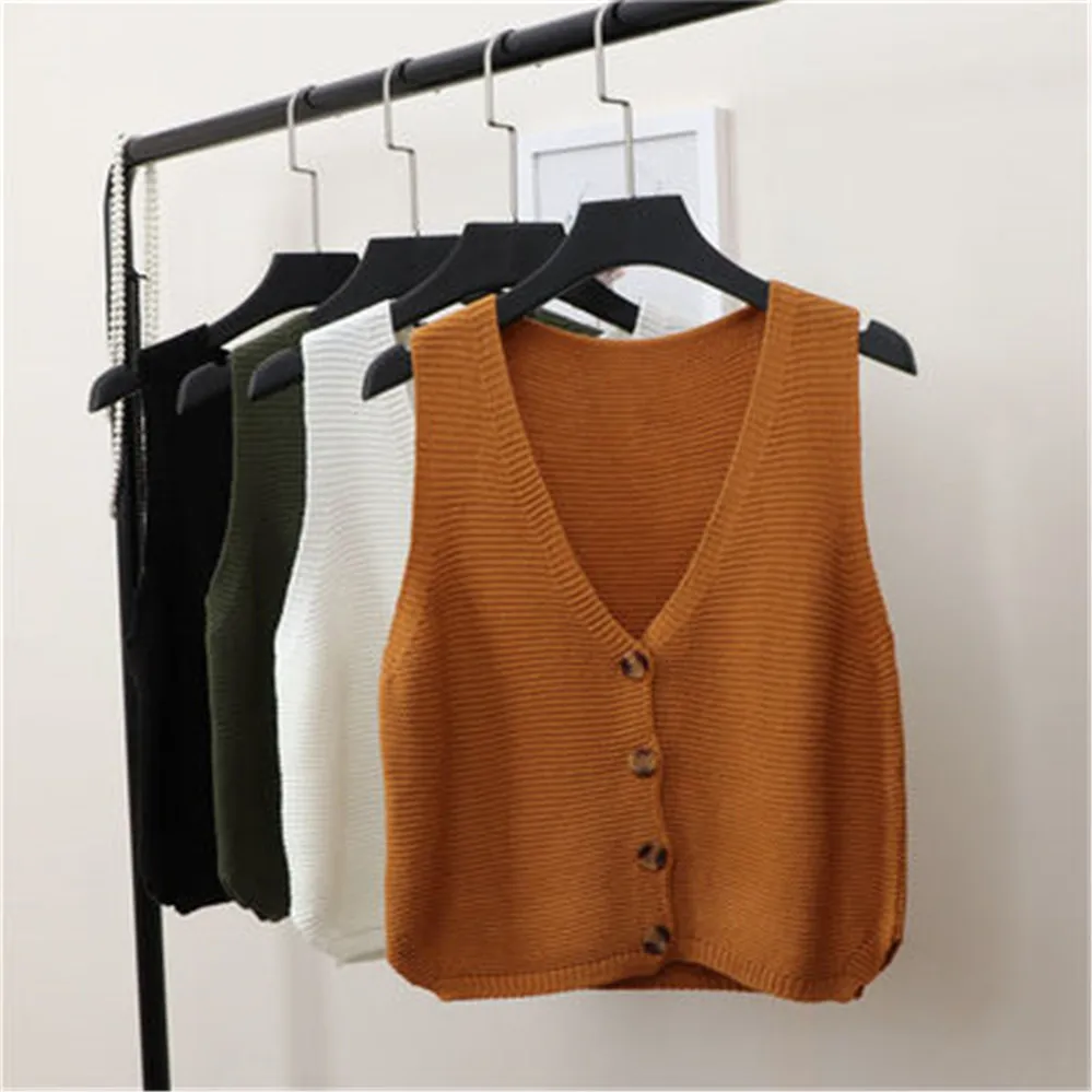 2023 Retro Streetwear Top Clothing Womens Sweater Vest Women Single Breasted Button Sleeveless V-neck Knitting Korea Solid Short