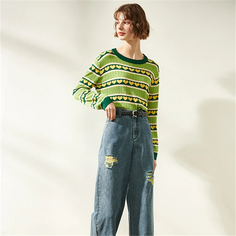 Stripe Avocado Green Women's Wool Cute Lovely Heart-Shaped Print Pattern Mori Loose Knitted Tops Sweaters Pullover Clothing