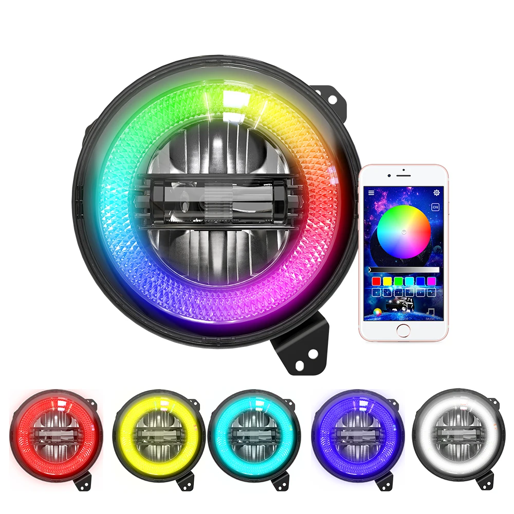 Latest Jeep JL 9inch Diamond LED headlight With RGB A Variety of Colors Controlled by APP For Jeep Wrangler JL 2018 2019