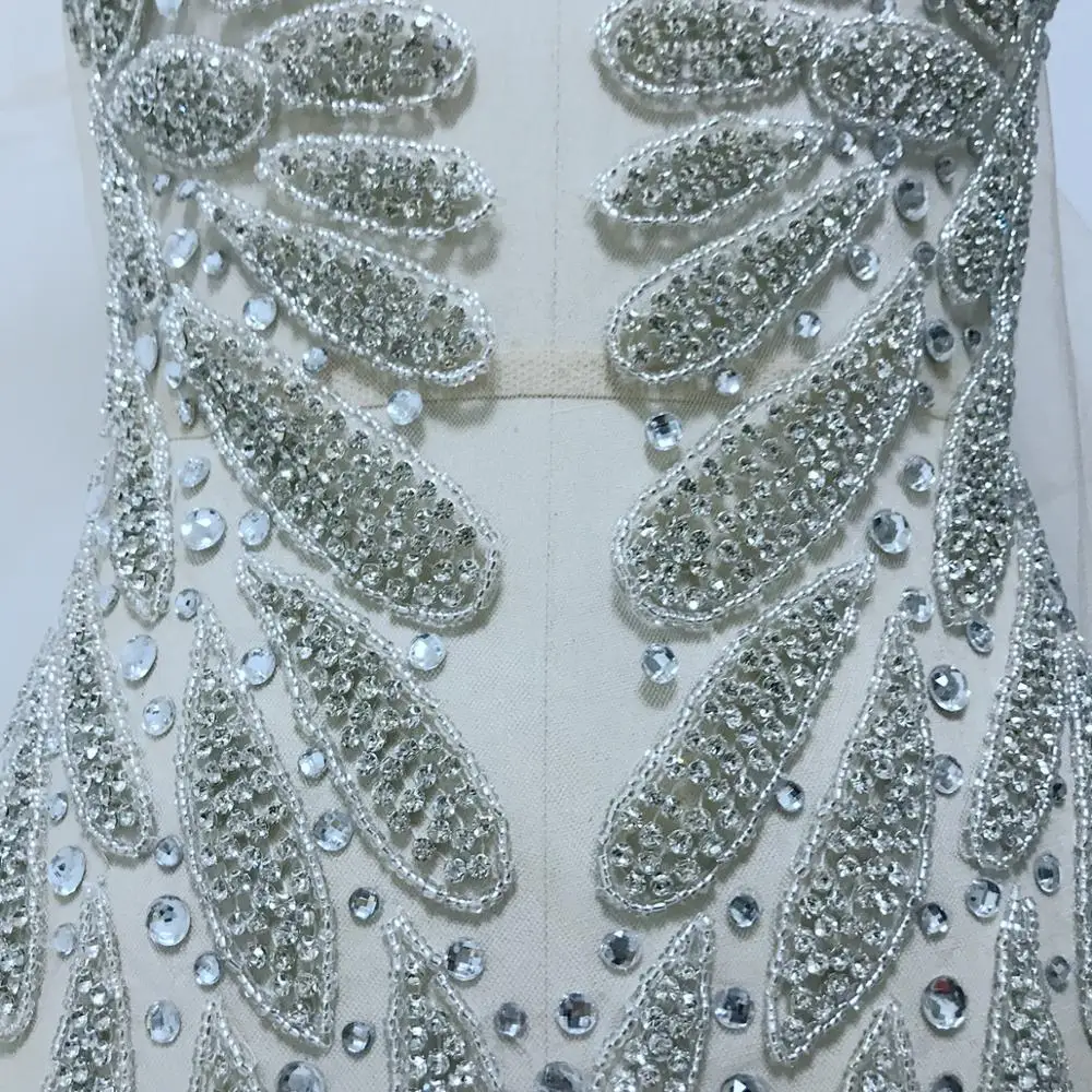 Handmade glass rhinestones applique on nude mesh  silver sew on crystal trim patches full body for dress