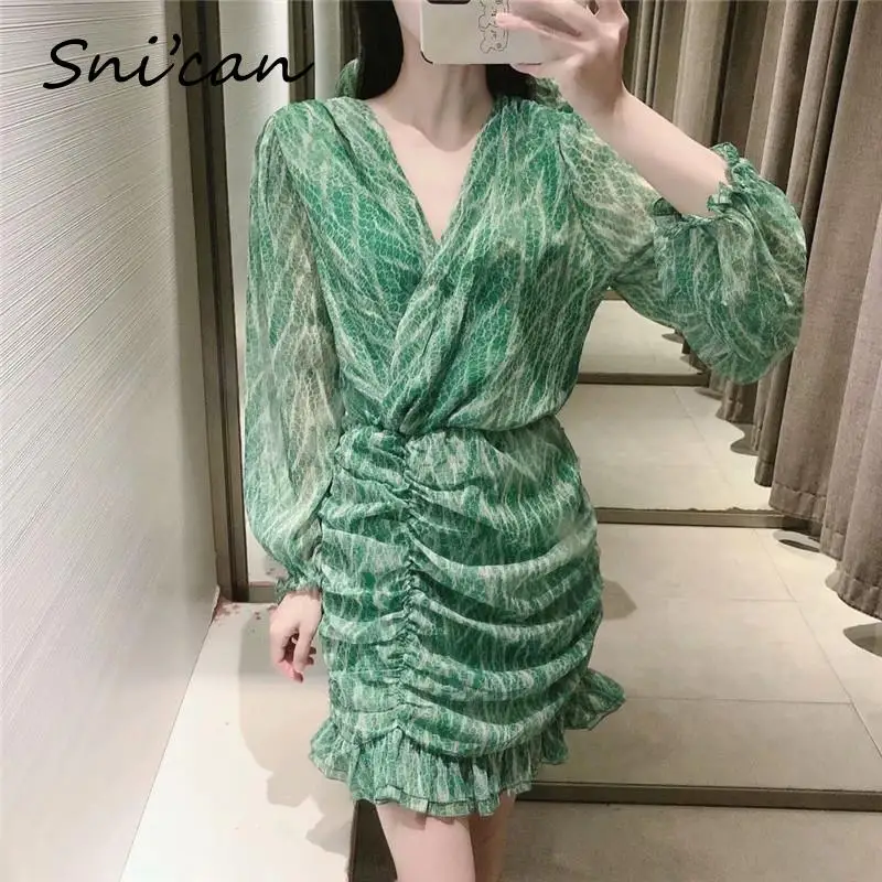 snakeskin print ruffle dress lantern sleeve v neck sexy dresses spring autumn sukienka letnia za 2020 women vestido de mujer