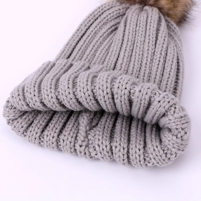 Winter Warm Knitted Cotton Hats Ladies Faux Fur Pompom Scarf Ski Parent-Child Caps Boy Girl Children Beanies For Women Skulli