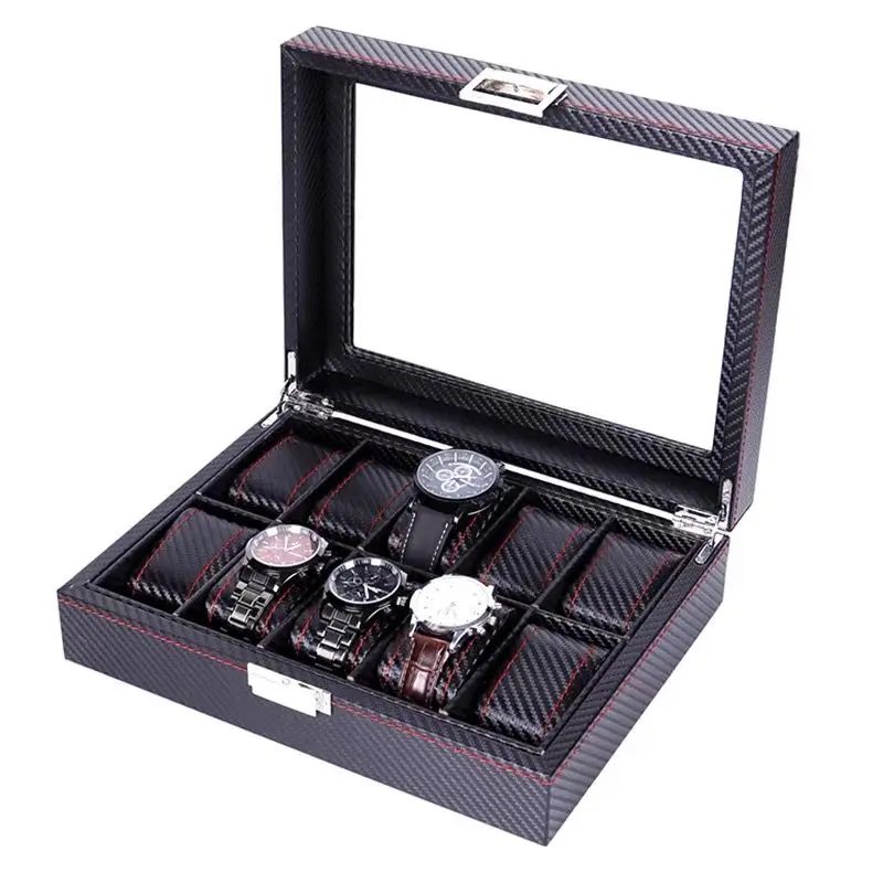 5/6/10/12 Slots Carbon Fiber Watch Storage Box PU Leather Case For Watches Box New Watch Organizer Mens Gift Holder