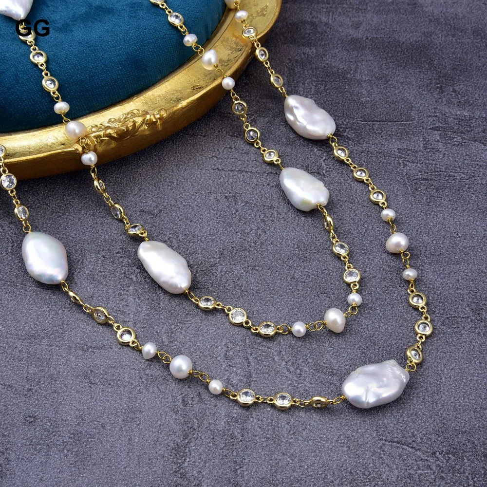 GuaiGuai Jewelry 65\'\' Natural White Keshi Pearl Crystal Gold Color Plated CZ Chain Long Necklace For Women