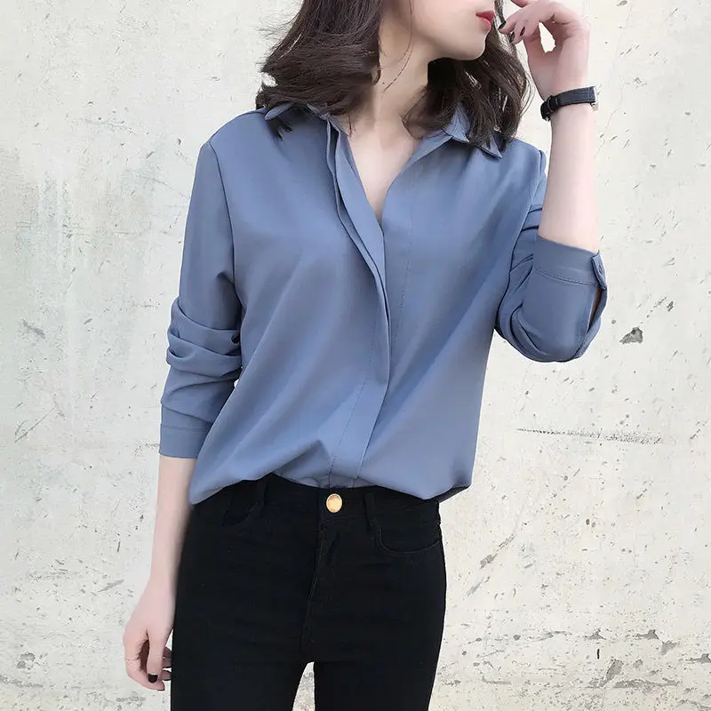 Chemisier en mousseline à manches longues pour femmes, chemises à col en V pour dames, chemises solides pour documents, grande taille, 3XL, 4XL,