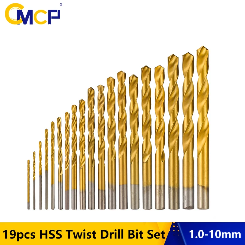 HSS Twist Drill Bit Set 1.0-10mm Titanium Coated Gun Drill Bit 19pcs Round Shank Hole Cutter Woodworking Metal Tools