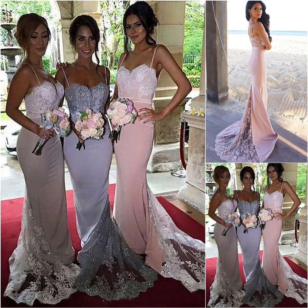 

Applique Mermaid Dress Elastic Satin Lace Bridesmaid Dresses Floor-Length Sweetheart Gown Spaghetti Prom Party Gown