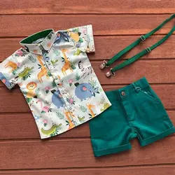 2PCS Toddler Baby Boy Gentleman Tops Turn-down Collar Single Breasted Shirt Button Short Pants Outfits Set Clothes Set 0-5T