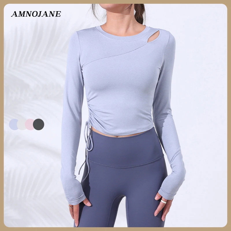 Sport Top Women Cut Out Gym Yoga Top Running Breathable Long Sleeve Solid Color High Elastic Shirt Mesh Quick Dry Athletic Wear