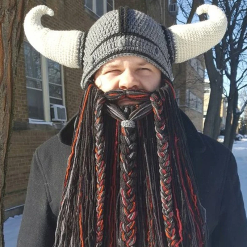 Creative Funny Beard Detachable Personalized Party Long Beard Pointed Horns Handmade Woolen Funny for Autumn and Winter