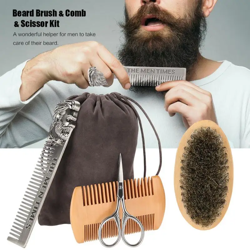 

New Beard Brush Set Double-sided Styling Comb Scissor Repair Modeling Professional Men's Cleaning Care Kit Dropshipping