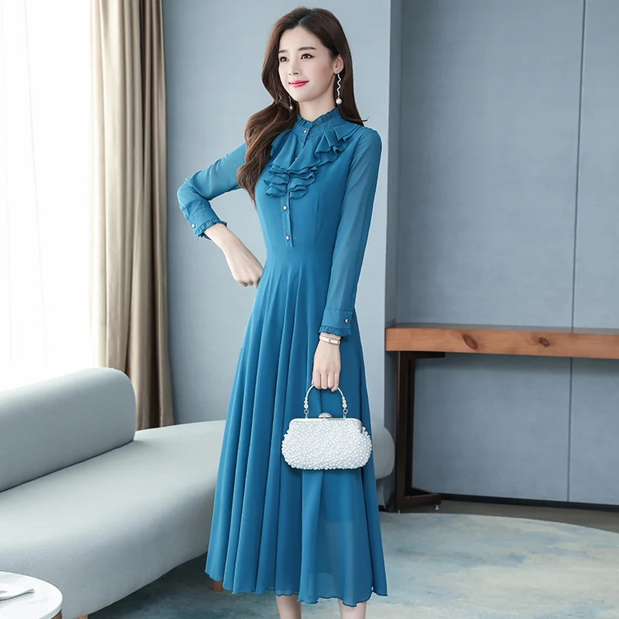 2024 Vintage Solid Chiffon Lady Maxi Dress Autumn Winter Long Sleeve Chic Evening Dress Elegant Women Bodycon Prom Party Vestido