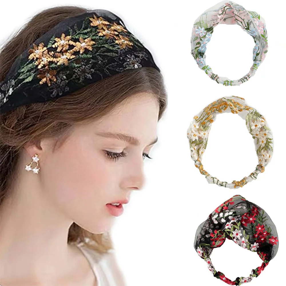 

Women Retro Embroidery Floral Korean Face Wash Headdress Hair Accessories Hair Band Turban Headband