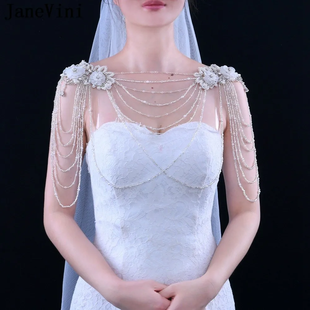 

JaneVini Bridal Shoulder Chain Handmade Flowers Beading Crystal Ribbon Necklace Noble Wedding Body Chain Necklace Jewelry Straps