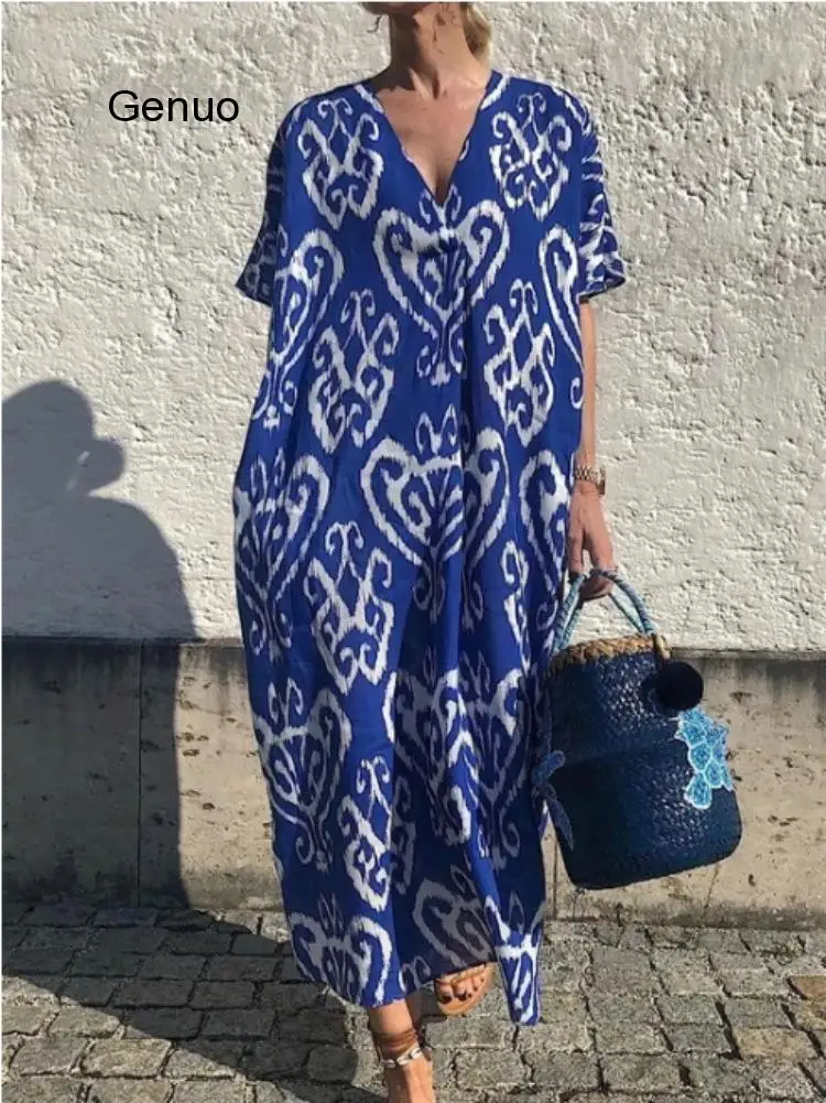 Printed Loose Summer Dress Boho V Neck Women Elegant Long Dress Short Sleeve Empire Comfortable  Oversized Vestidos 2020